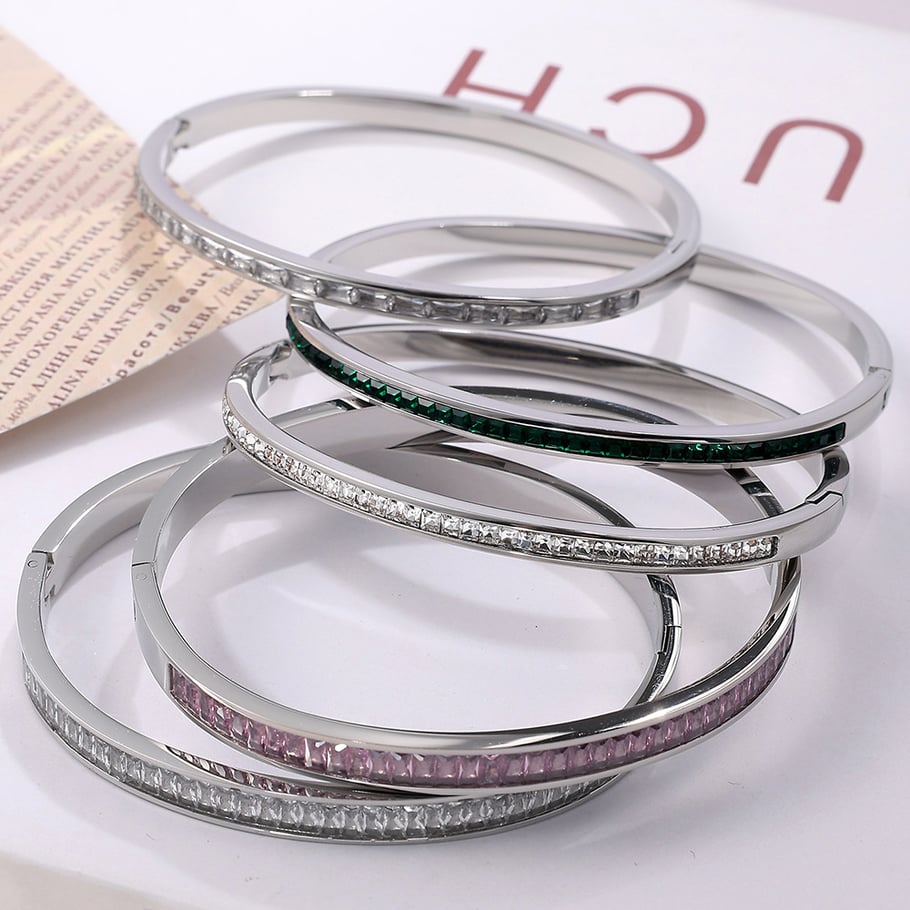 1 Stück Simple Series Klassische geometrische Edelstahl Goldfarben Strass Damen Armreifen Bild2