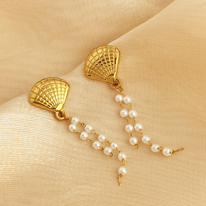 1 pair  style daily starfish beads tassels stainless steel gold color women's drop earrings 
