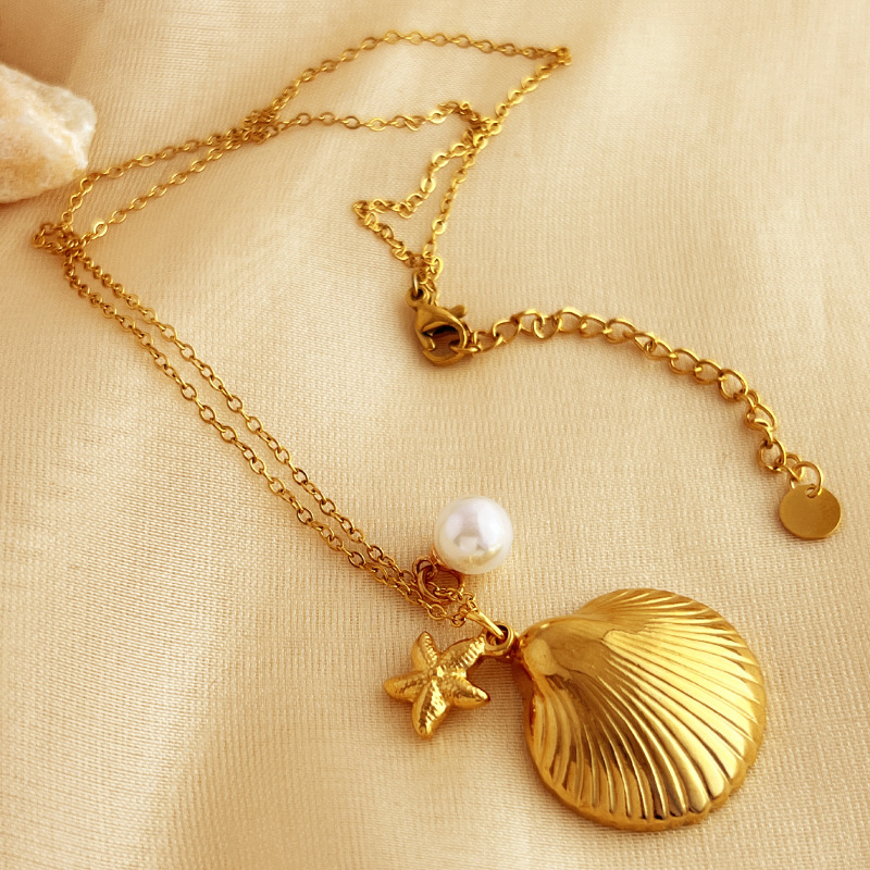 1 Stück Simple Series Retro Turtle Edelstahl Goldfarben Künstliche Perle Damen Anhänger Halsketten 