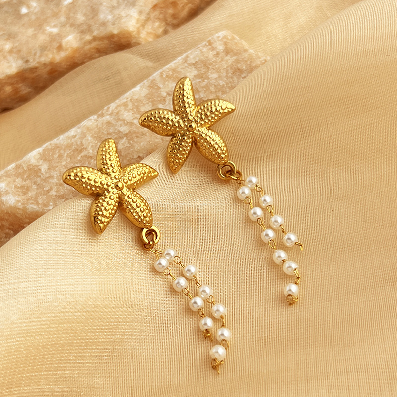 1 Pair Summer Style Daily Starfish Beads Tassels Stainless Steel Gold Color Women's Drop Earrings 