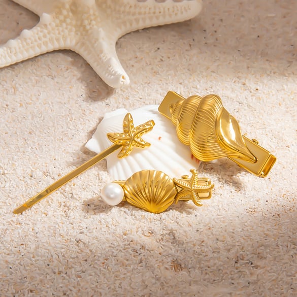 1 pieza de pinzas para el cabello de acero inoxidable color dorado para mujer, de la serie Gorgeous All-match Vacation Conch 2