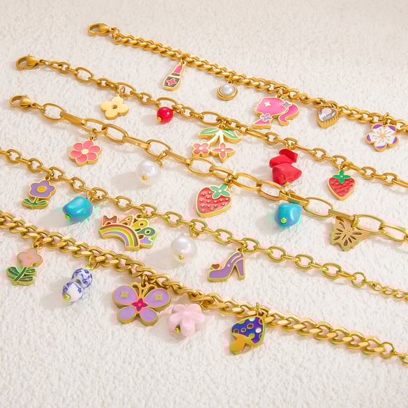 Pulseras con dijes de acero inoxidable color dorado para mujer, serie romántica, 1 pieza, con flores vívidas y esmaltado al óleo 2