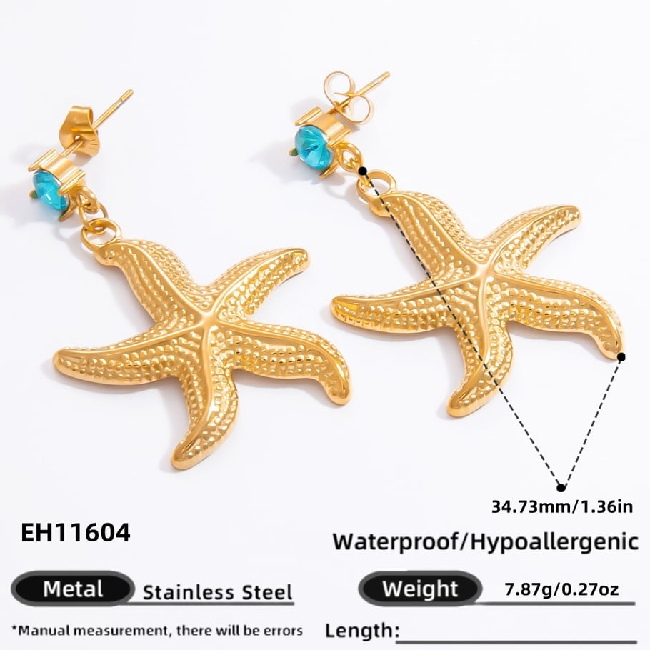 1 Pair Romantic Series Vacation Starfish Exaggerated Stainless Steel Gold Color Women's Drop Earrings 