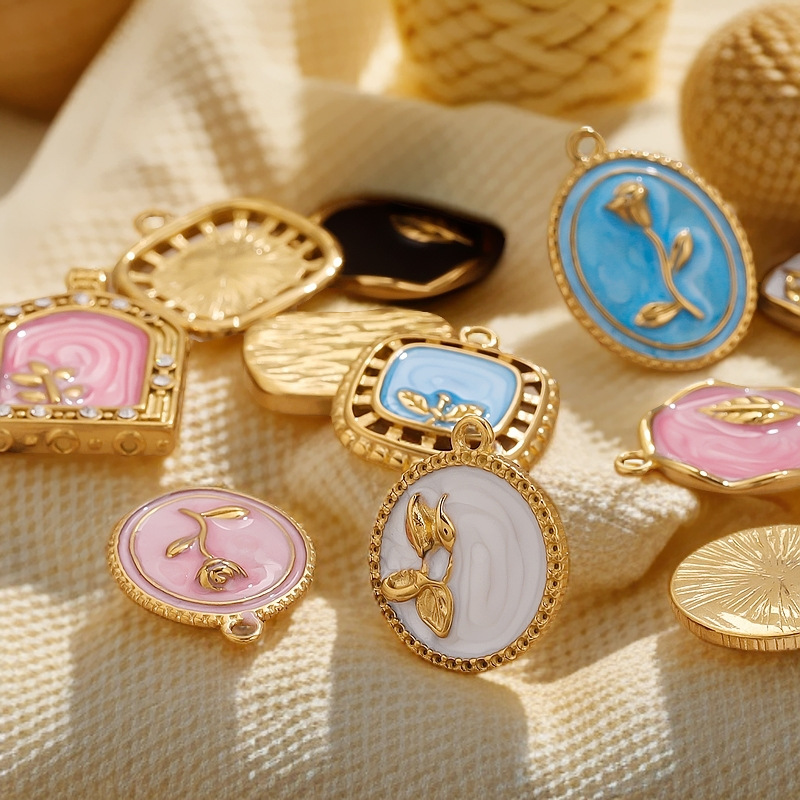1 Piece Exquisite Series Retro Flower Oil-spot Glazing Stainless Steel Gold Color Women's Pendants Picture2