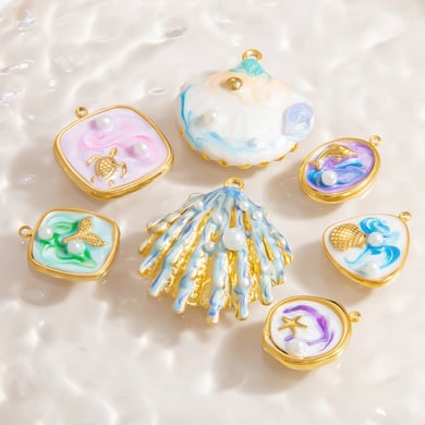 1 Piece Romantic Series Vacation Beach Marine Elements Oil-spot Glazing Stainless Steel Gold Color Shell Women's Pendants h5 Picture2