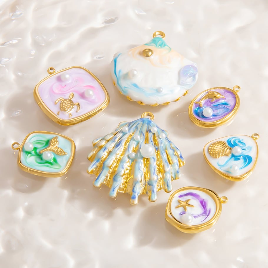1 Piece Romantic Series Vacation Beach Marine Elements Oil-spot Glazing Stainless Steel Gold Color Shell Women's Pendants Picture2
