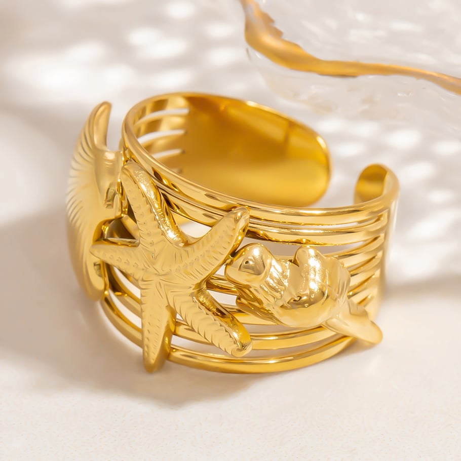 1 Stück Romantische Serie Urlaubsschildkröte Edelstahl Goldfarben Damen Verstellbare Ringe Bild2