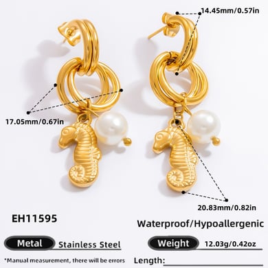 1 Pair Luxurious Series Charming Sea Horse Shape Stainless Steel Gold Color Women's Drop Earrings h5 