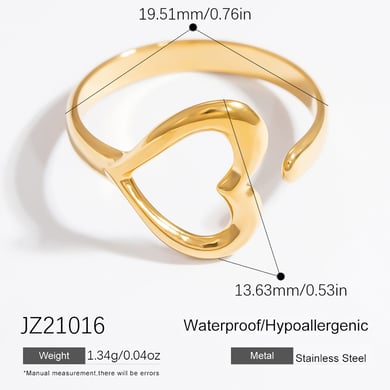 1 Piece Romantic Series Edgy Heart Shape Sentimental  Stainless Steel Gold Color Women's Adjustable Rings h5 
