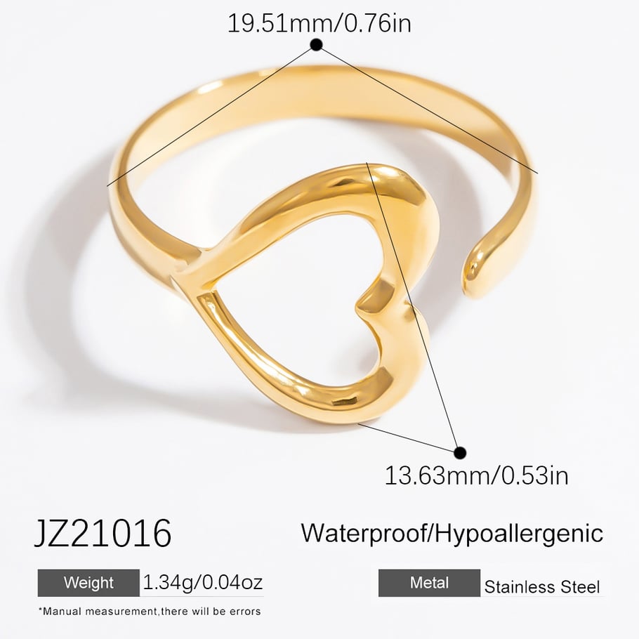 1 Piece Romantic Series Edgy Heart Shape Sentimental  Stainless Steel Gold Color Women's Adjustable Rings 