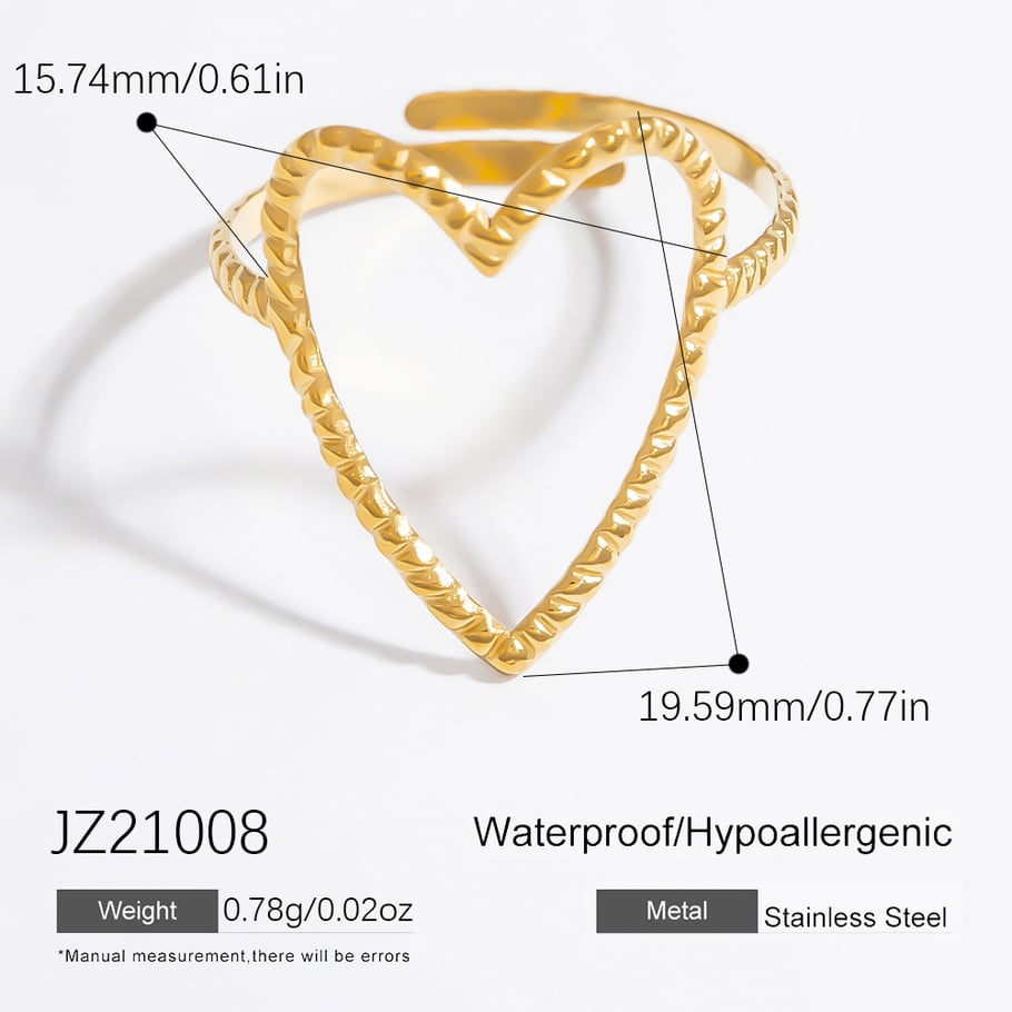 Anillos ajustables para mujer de acero inoxidable color dorado con diseño de corazón romántico de 1 pieza 