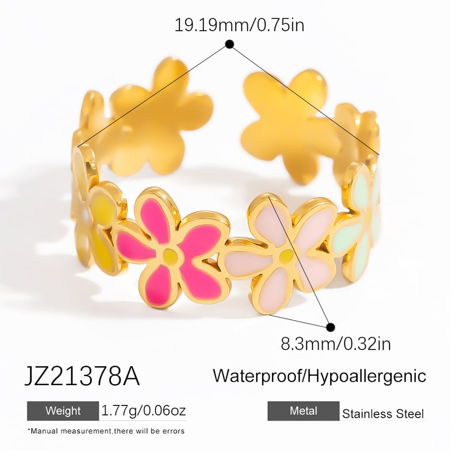 Anillos ajustables para mujer de acero inoxidable color dorado con flores naturales de la serie clásica de 1 pieza 