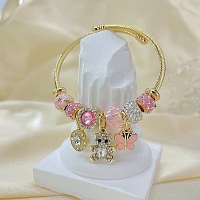 1 Piece Designable Series Cute Bow Knot Bear Beads Stainless Steel Gold Color Women's Bangles h5 Picture2