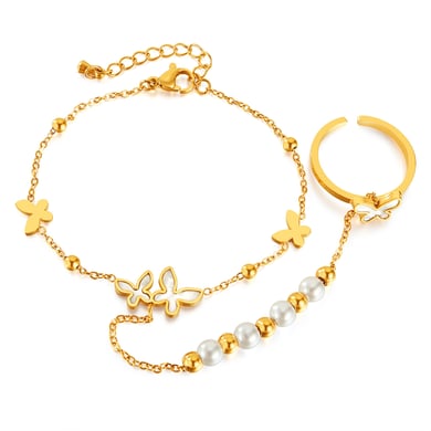 1 Piece Luxurious Series Daily Butterfly Stainless Steel Gold Color Women's Chain Bracelets With Ring h5 