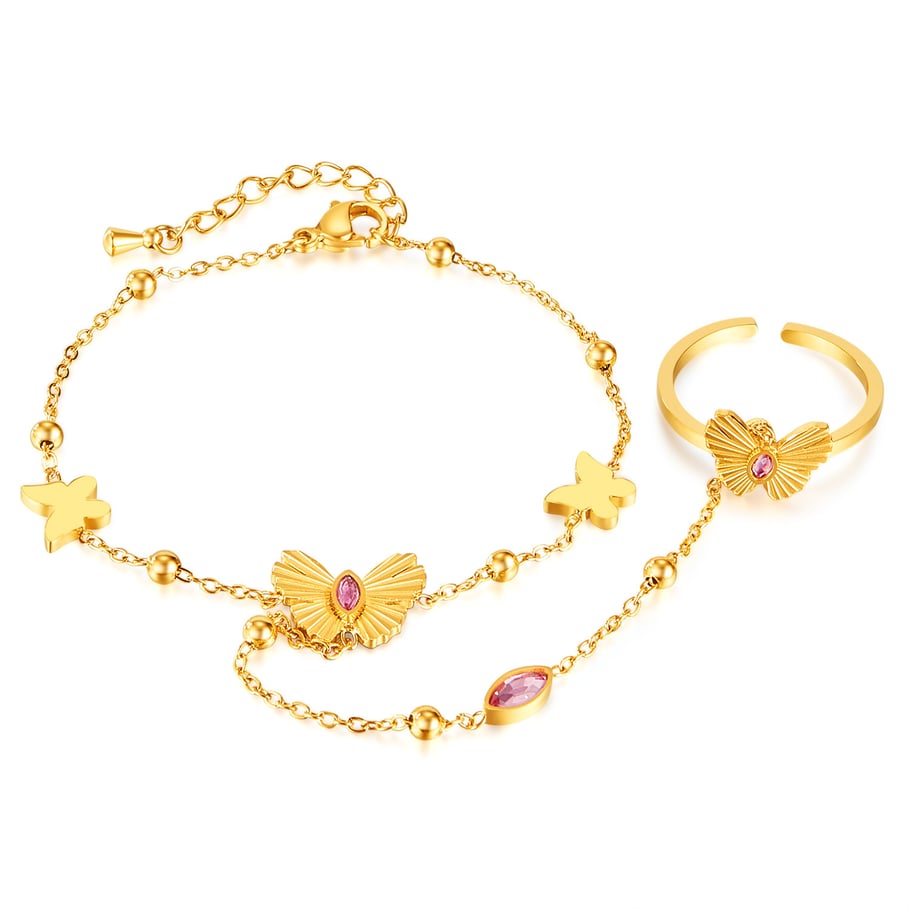 1 Piece Exquisite Series Daily Butterfly Stainless Steel Gold Color Women's Chain Bracelets With Ring