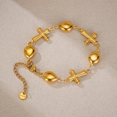 Pulsera de cadena de acero inoxidable color dorado con diseño de cruz diaria de serie simple para mujer, 1 pieza h5 Imagen2