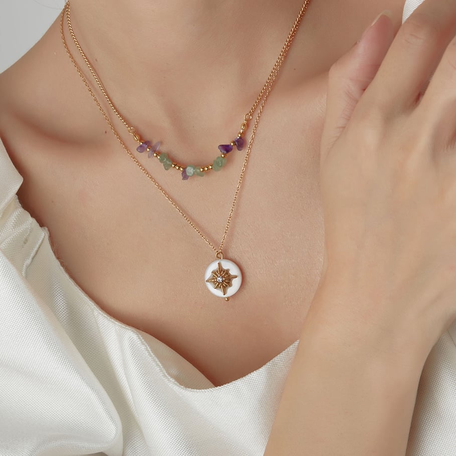 Collares en capas de acero inoxidable dorados con diseño geométrico diario de serie simple de 1 pieza para mujer Imagen2