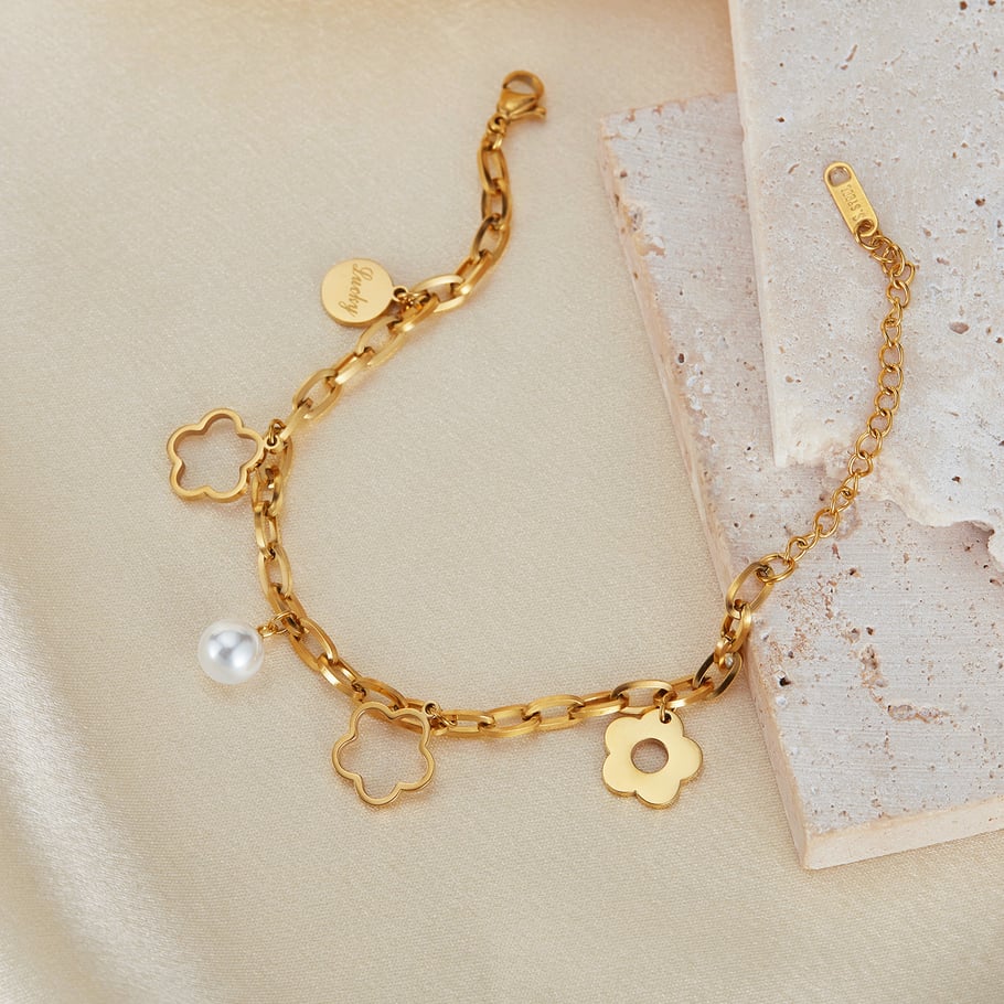 Pulseras con dijes geométricos de acero inoxidable en color dorado para mujer, serie simple, 1 pieza Imagen2