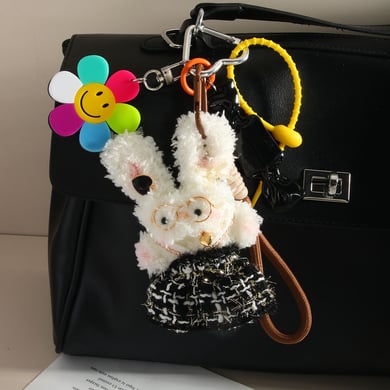 1 Piece Romantic Series Cute Plaid Dress Rabbit Fluffy Doll Rayon Women's Bag Charms h5 