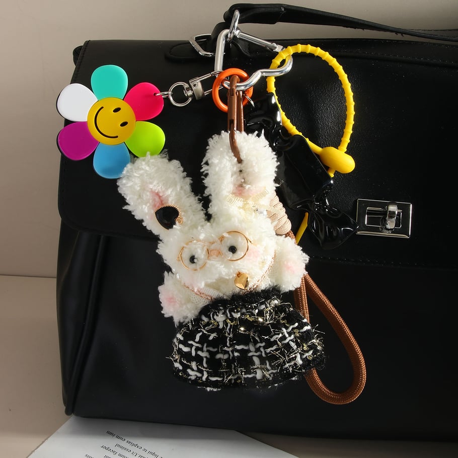 1 Piece Romantic Series Cute Plaid Dress Rabbit Fluffy Doll Rayon Women's Bag Charms 