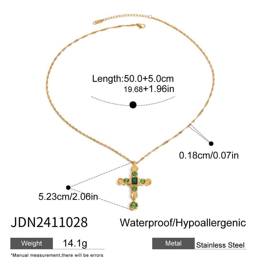 1 Piece Exquisite Series Fashionable Green Cross Stainless Steel Gold Color Women's Pendant Necklaces 