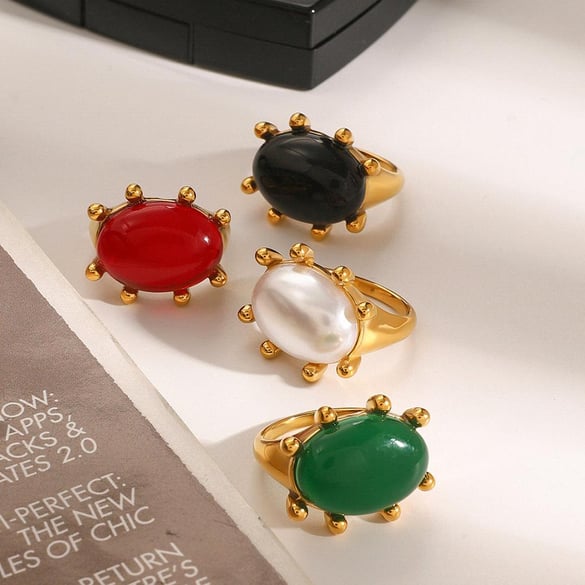 1 pieza hermosa serie retro ovalada piedra natural colorida acero inoxidable color dorado anillos individuales para mujer 2