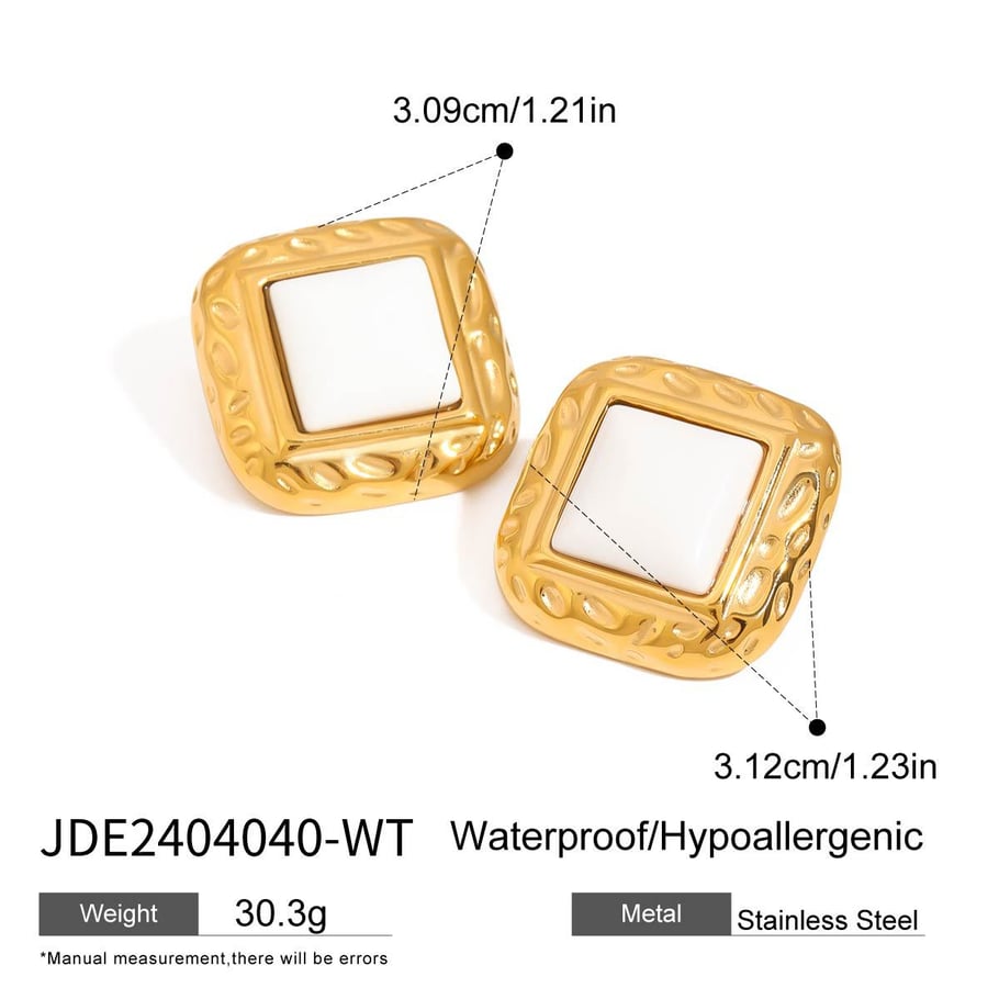 1 par de elegantes pendientes de botón de acero inoxidable cuadrilátero de color dorado para mujer, serie clásica 