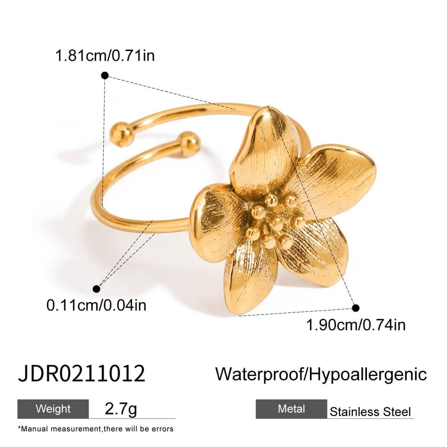 Anillos ajustables para mujer de acero inoxidable color dorado con diseño de flores estilo romántico de la serie Ins. 
