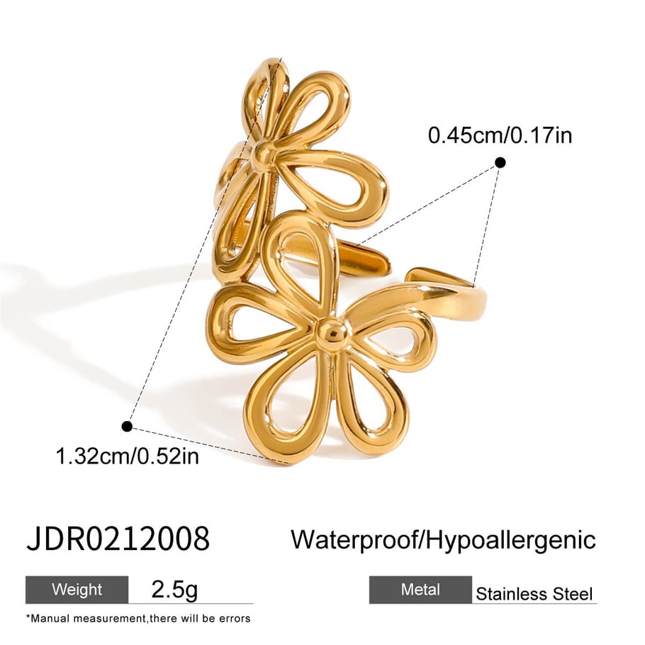 Anillos ajustables para mujer de acero inoxidable color dorado con diseño de flor elegante de serie romántica de 1 pieza 