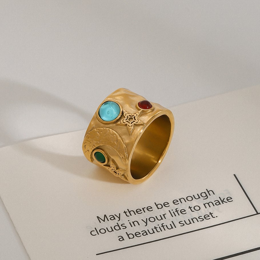 1 Piece Vintage Series Retro Colorful Moon Stainless Steel Gold Color Women's Single Rings Picture2