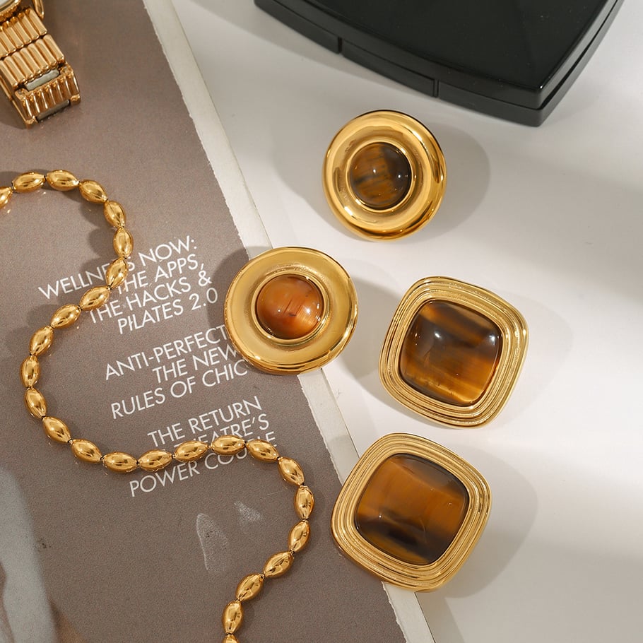 1 Paar Klassische Serie Europa und Amerika Viereck Edelstahl Gold Farbe Naturstein Damen Ohrstecker Bild2