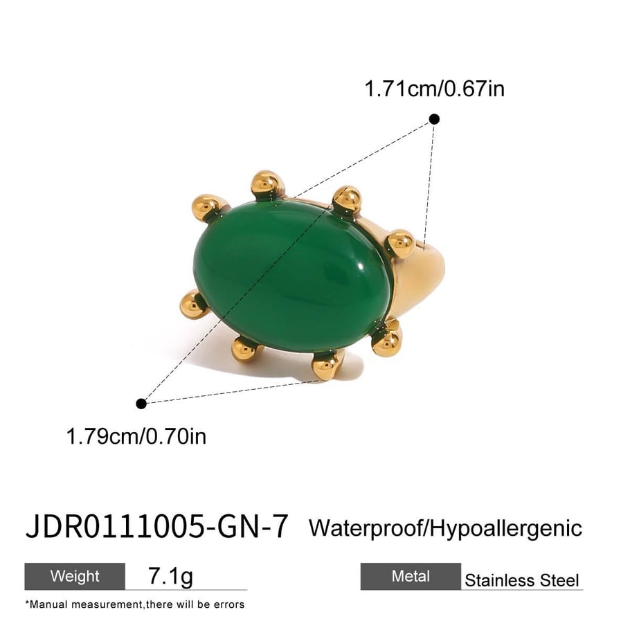 Anillos individuales de lujo para mujer, de acero inoxidable, color dorado, con piedra natural, estilo retro francés ovalado, de 1 pieza 