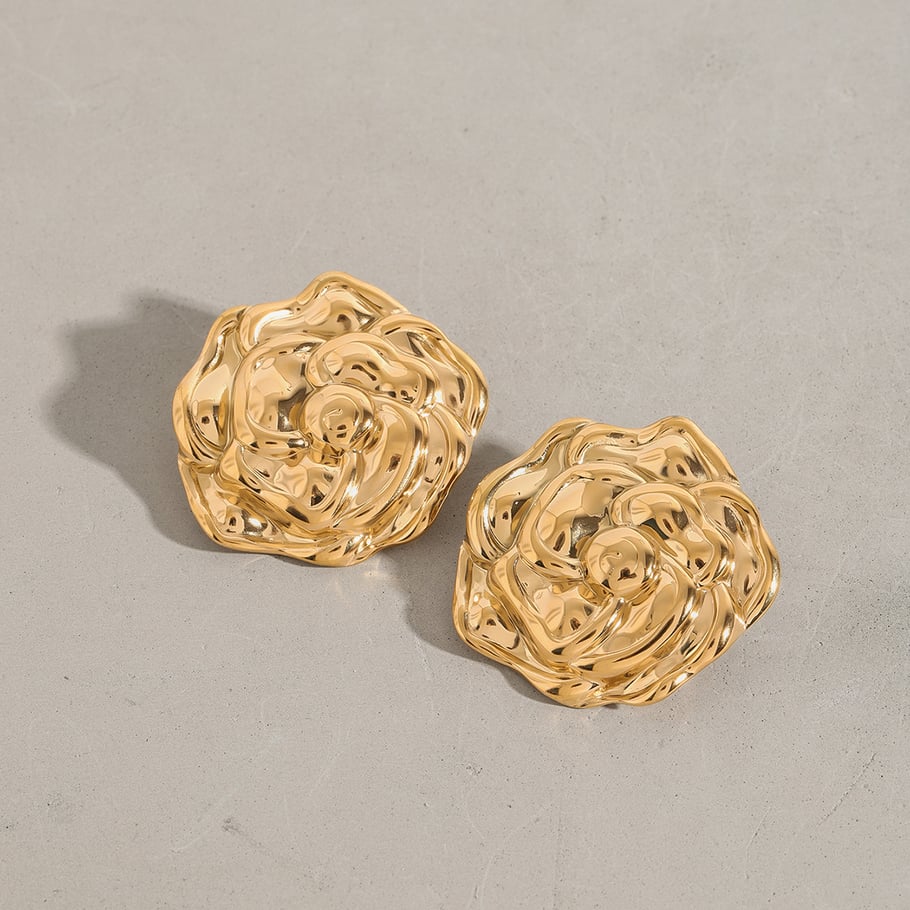 1 Pair Romantic Series Gorgeous Flowers Stainless Steel Gold Color Women's Stud Earrings Picture2