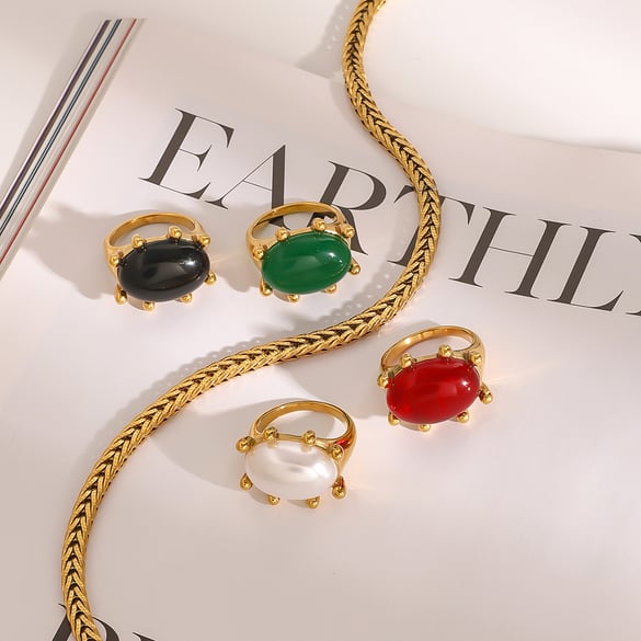 1 pieza hermosa serie retro ovalada piedra natural colorida acero inoxidable color dorado anillos individuales para mujer