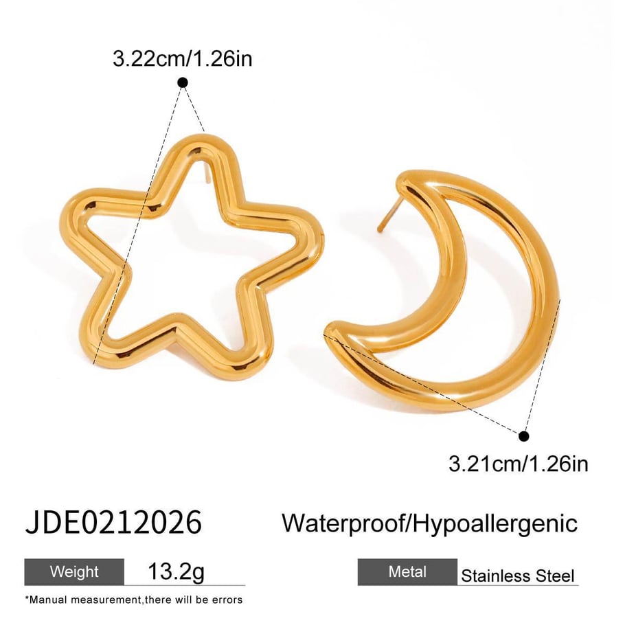 1 Pair Minimalist Series Classic Moon & Star Stainless Steel Gold Color Women's Stud Earrings 