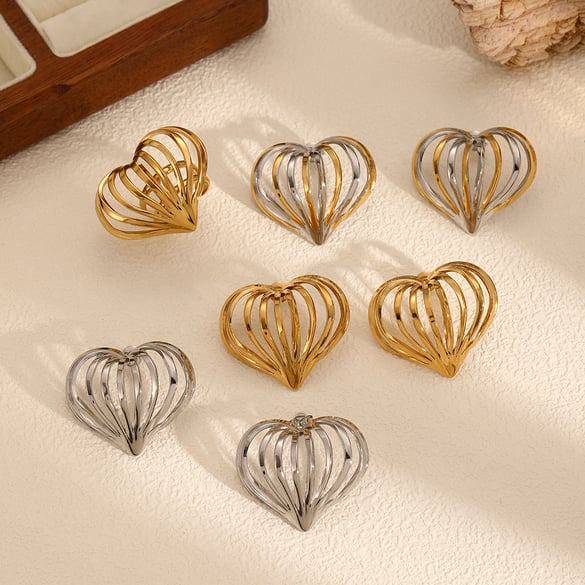 1 Piece Designable Series Retro Heart Patchwork Stainless Steel Gold Color Women's Adjustable Rings 2
