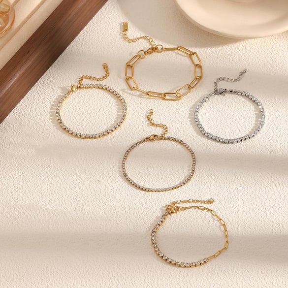 1 Stück Shining Series Exquisite Kreis Edelstahl Gold Farbe Zirkon Damen Kettenarmbänder-3mm 2