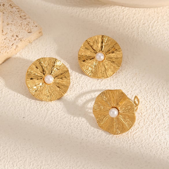 1 Paar Damen-Ohrstecker aus Edelstahl im Retro-Stil mit gehämmerter Textur und Kreisen in Gold