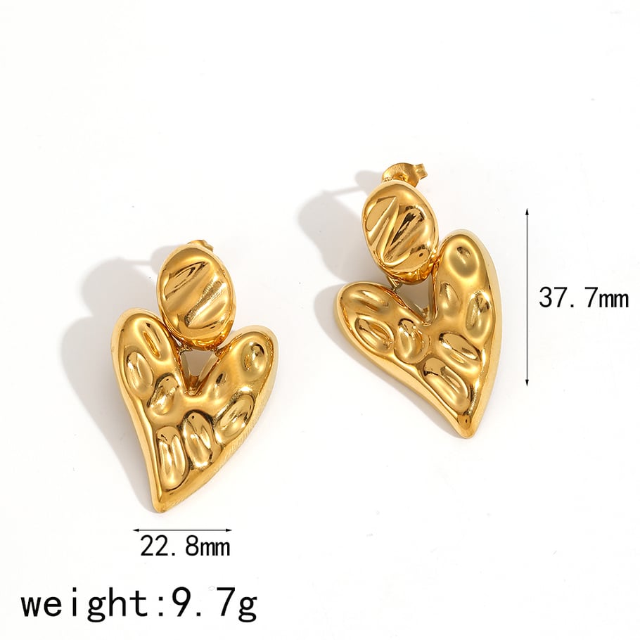 1 Pair Designable Series Retro Heart Hammered Texture Stainless Steel Gold Color Women's Stud Earrings Picture2