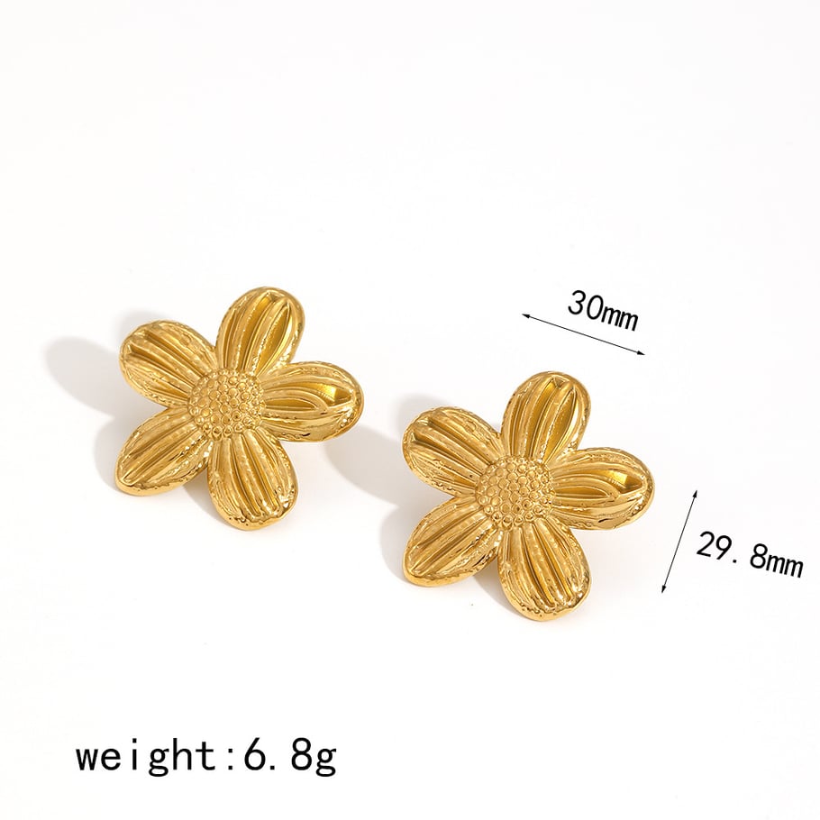 1 Pair Gorgeous Series Chic Sun Flower Stainless Steel Gold Color Women's Stud Earrings 