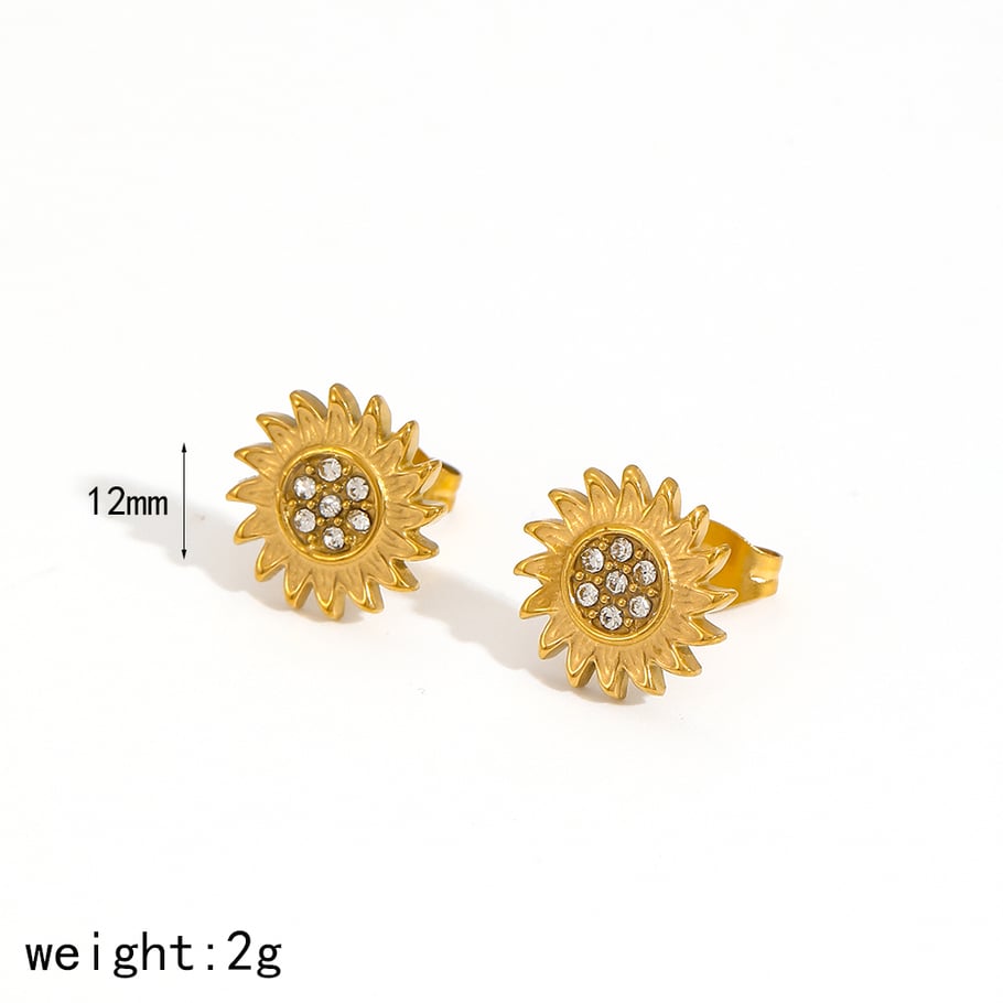 1 Pair Exquisite Series Stylish Sun Shape Stainless Steel Gold Color Zircon Women's Stud Earrings 