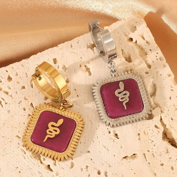 1 Paar Luxuriöse Serie Retro Schlange Quadrat Lila Titan Stahl Gold Farbe Damen Tropfen Ohrringe 2