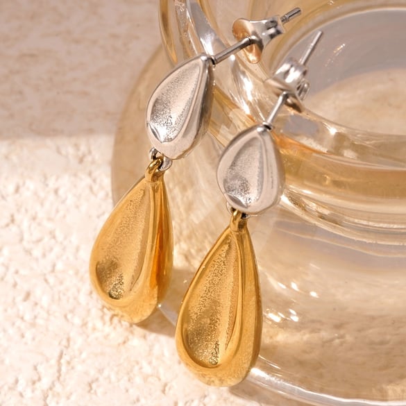 1 Paar elegante Tropfenohrringe aus Titanstahl in Gold- und Silberfarbe für Damen der Sleek-Serie mit doppeltem Tropfen 2