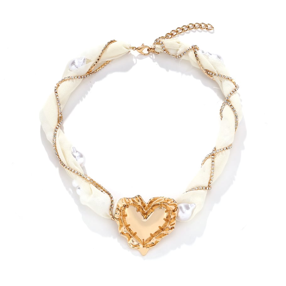 1 Piece French Pearl Mesh Braided Chain Alloy Heart Pendant Necklace 
