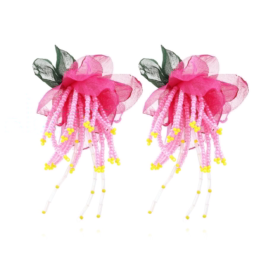 1 Pair Fabric Flower Beaded Tassel Stud Earrings 