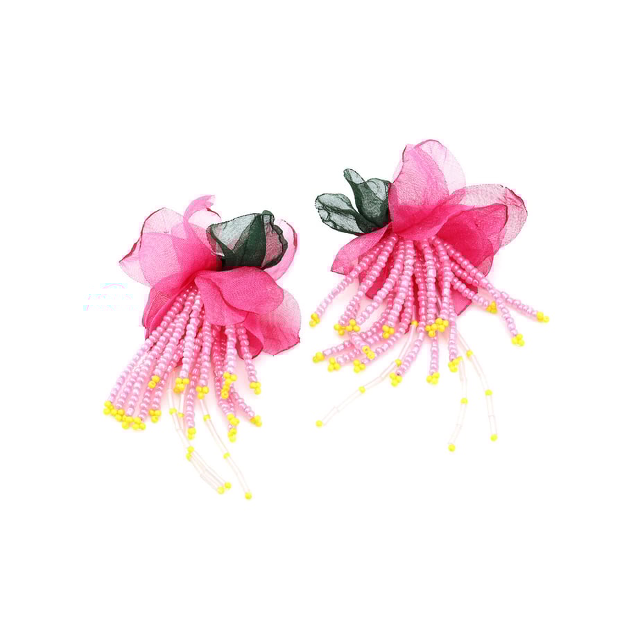 1 Pair Fabric Flower Beaded Tassel Stud Earrings Picture2