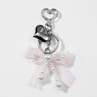 1 pink lace imitation pearl bow heart keychain Picture2