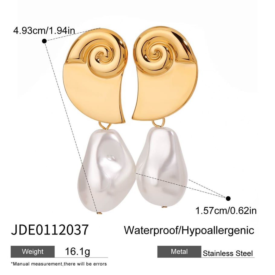 1 Pair Simple Series Retro Turtle Stainless Steel   Gold Color  Pearl Women's Drop Earrings 