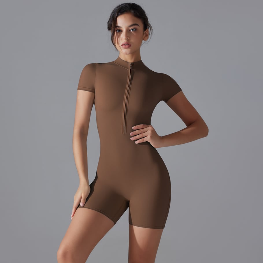 1 Piece Premium Feeling Zipper Short Sleeve Yoga Bodysuit Women's Sport Clothing