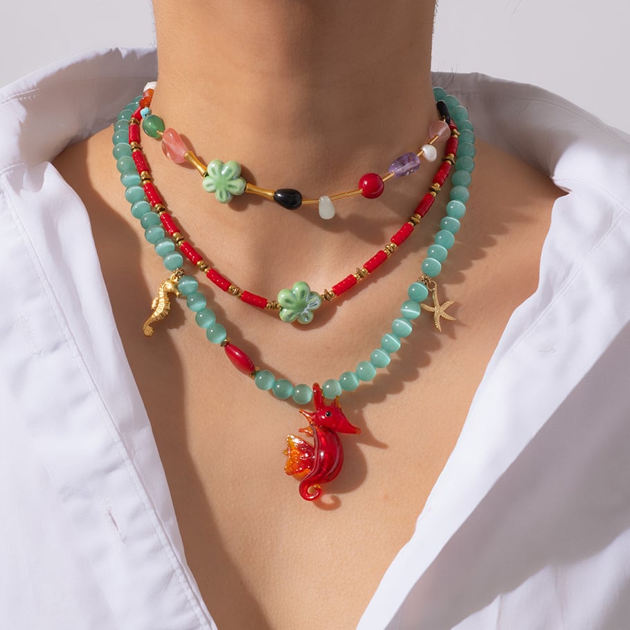 1 Piece Vivid Series Vacation Glass Sea Horse Stainless Steel Gold Color Natural Stone Women's Beaded Necklaces Picture2